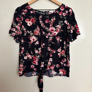 Socialite Tie Front Floral Top with Flutter Sleeves